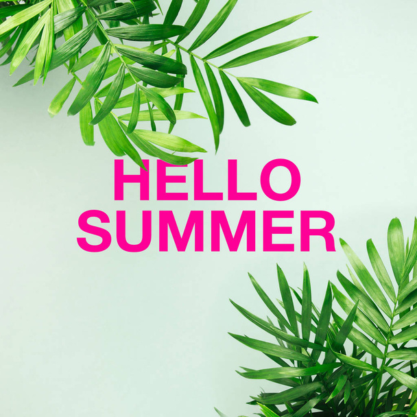 pink hello summer inscription and tropical leaves on pale green background with copy space - Foto, Bild