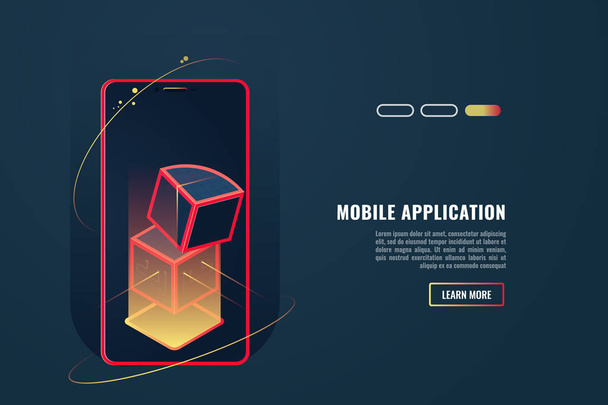 Smartphone application concept for header or footer banner. Layout template of banner of mobile app. Vector illustration in 3d style - Vector, Imagen