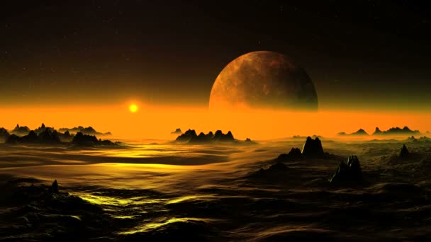 Amanecer Dorado en el Planeta Extraterrestre. De la niebla densa sube lentamente el sol brillante en el halo dorado. En el cielo estrellado oscuro un gran planeta (luna) gira lentamente. El desierto rocoso se inunda con una luz dorada brillante
. - Imágenes, Vídeo