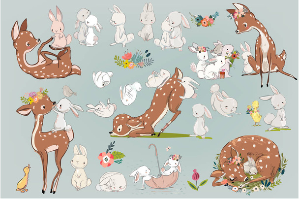 cute summer deers with hares - Vector, Image