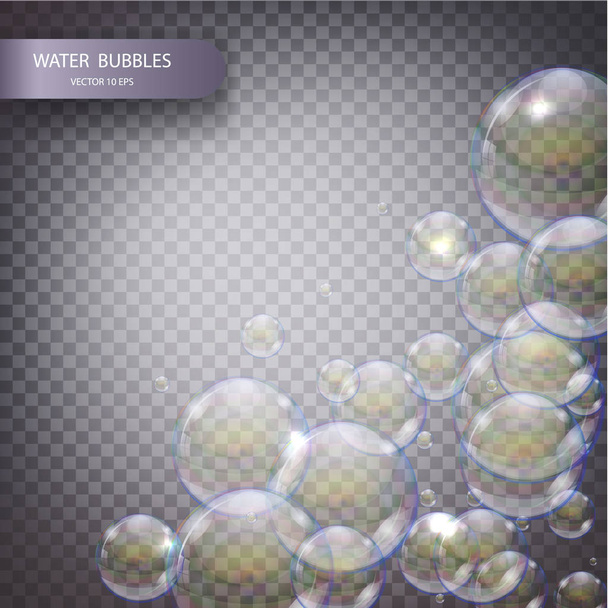 Водні бульбашки ізольовані на прозорому картатому фоні. Підводні ігристі кисневі бульбашки у воді. Мильні бульбашки з рефлексом і відбиттям, реалістичний векторний ефект
 - Вектор, зображення