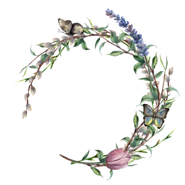 Watercolor spring wreath with butterfly. Hand painted border with lavender, willow, tulip and tree branch with leaves isolated on white background. Easter floral illustration for design, print. - Photo, Image