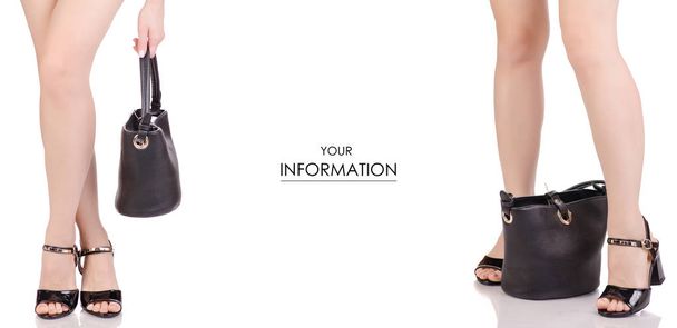 Female legs in black lacquered shoes sandals and black leather handbag beauty fashion buy shop set pattern - Photo, Image