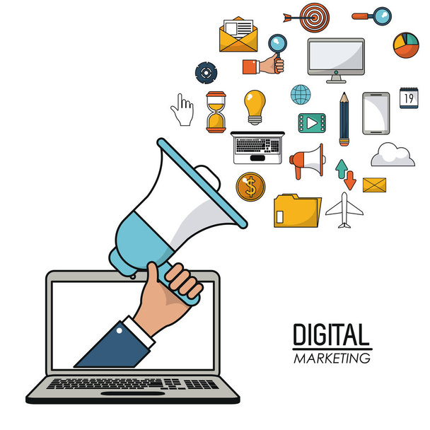 ręka trzyma głośnik digital marketing laptop technologii online web promocja - Wektor, obraz