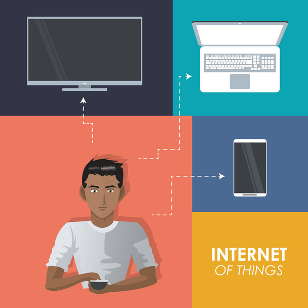 internet things man with smartphone tv laptop wireless - Vector, Image