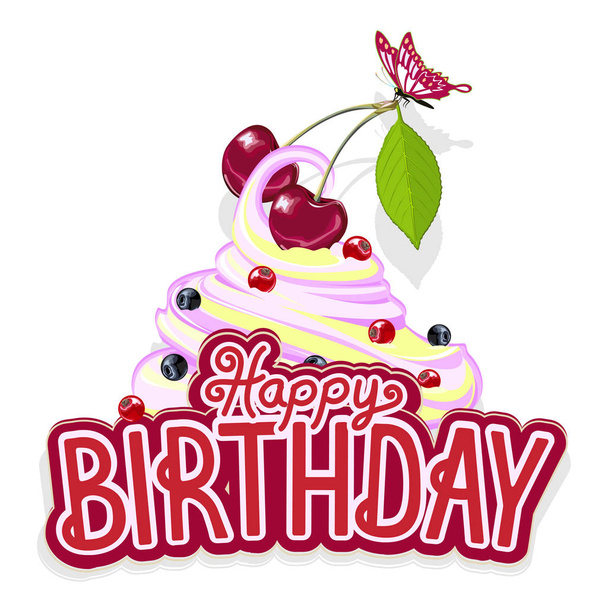 Happy birthday greeting card with cherries and butterflies. Cheerful vector illustration. - Vektor, obrázek
