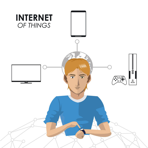 internetes dolgokat az ember hordható technológia játék, TV-vel és a mobiltelefon - Vektor, kép