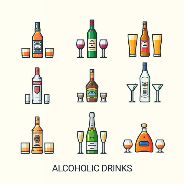 Flat line alcoholic drinks icons - Vector, Imagen