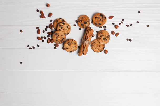Homemade cookies dessert. Chocolate chip, oatmeal raisin, dough and nuts. Copy text menu food background. - Foto, Imagen