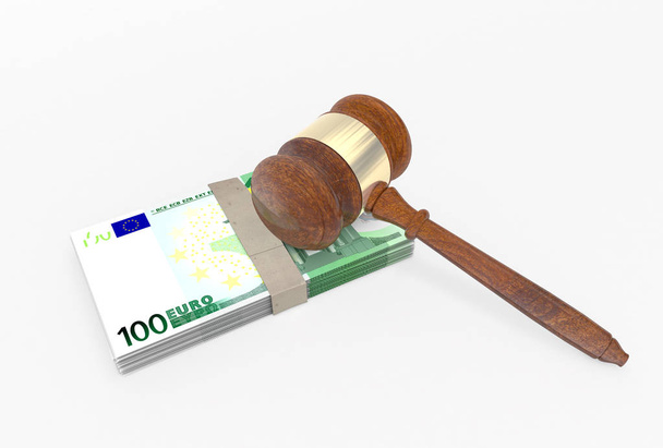 Cien euros de billetes (billetes) pila y un martillo (martillo del juez
) - Foto, imagen