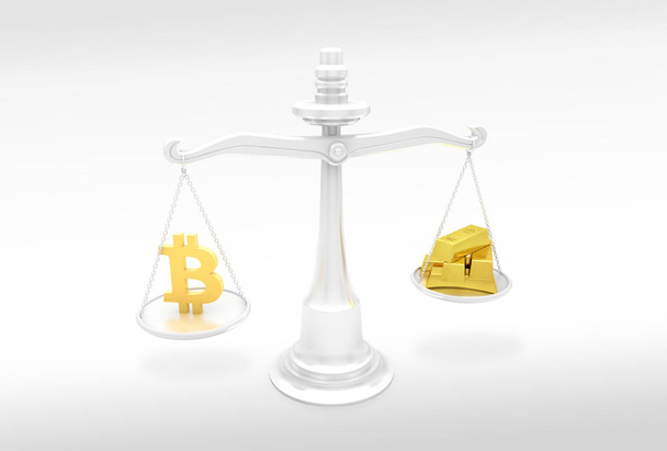 Bilancia di equilibrio con logo bitcoin su un lato e lingotti d'oro fino su un altro. Concetto di tasso di cambio della criptovaluta
. - Foto, immagini