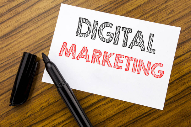 Writing text showing Digital Marketing. Business concept for internet, online, written on sticky note paper on the wooden background with pen, marker - Photo, Image