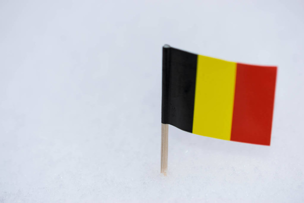 白い雪の背景に茶色の爪楊枝と紙で作られてベルギー. - 写真・画像
