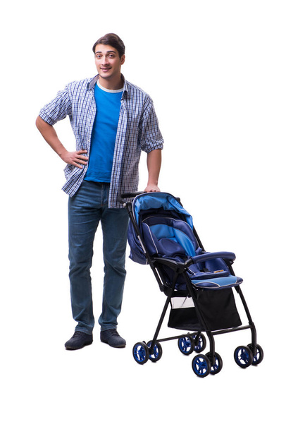 Young dad with child pram isolated on white - Foto, Imagen