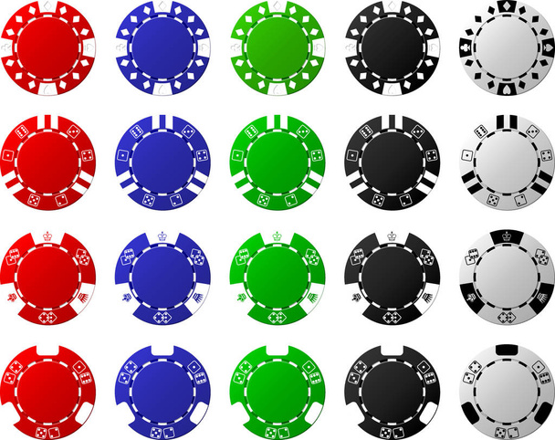 Four sets of poker chips (five pieces each).  Styles are: diamond suited, double dice striped, crown & dice, and 3 edge spot with dice. - Vector, Image