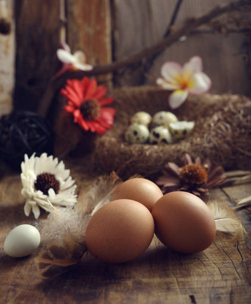 studio shot of eggs on a vintage wooden background. - Fotó, kép