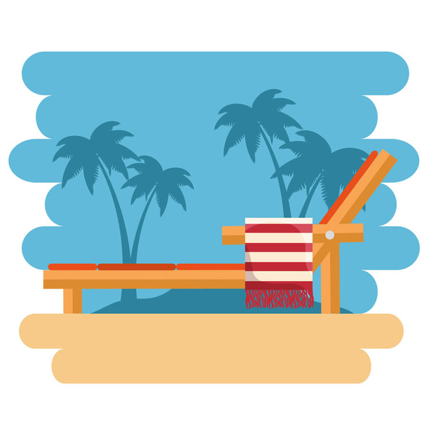 silla de playa de madera en un diseño de paisaje de playa
 - Vector, Imagen