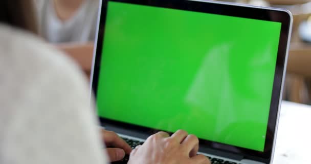 Young asian woman using laptop computer with green screen. - Felvétel, videó