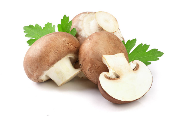 Royal Brown champignon with half and parsley leaf isolated on white background - Φωτογραφία, εικόνα