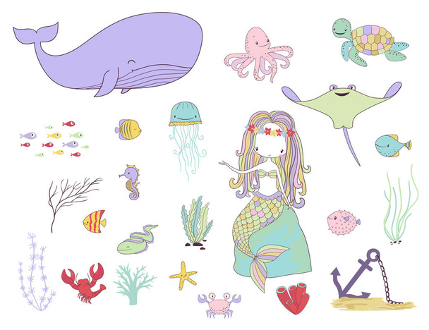 Underwater life. Mermaid, fishes and sea animals - Vector, Image