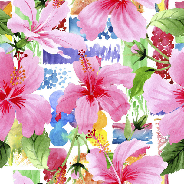 Wildflower hibiscus pink flower pattern in a watercolor style. - Fotó, kép