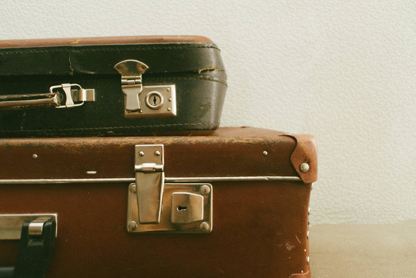 Part of vintage leather travel valises or old suitcase for comfort voyage. Close up - 写真・画像