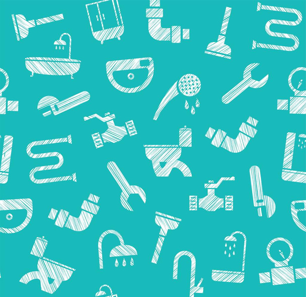 Plumbing and water pipeline, seamless pattern, shading pencil, blue-green, vector. Plumbing tools and spare parts, showers and plumbing parts. Seamless pattern.  Vector clip art. Hatching with a white pencil on a turquoise field. Texture simulation.  - Vektor, kép