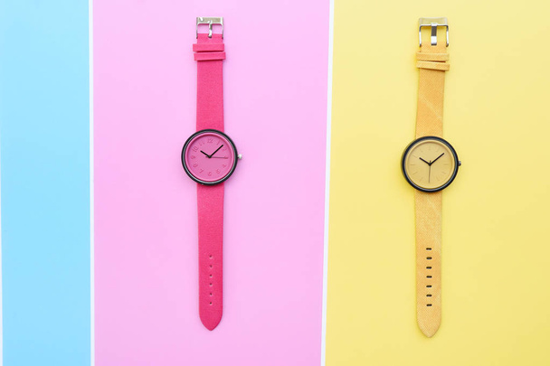 Set of multicolored wristwatches for background - Photo, Image