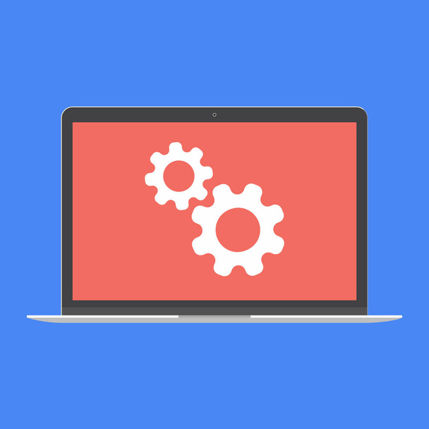 Modern device - laptop, computer or netbook pc flat design with gears on the screen icon vector illustration. No keybord technology concept of maintenance on screen isolated on blue background - Vector, Image