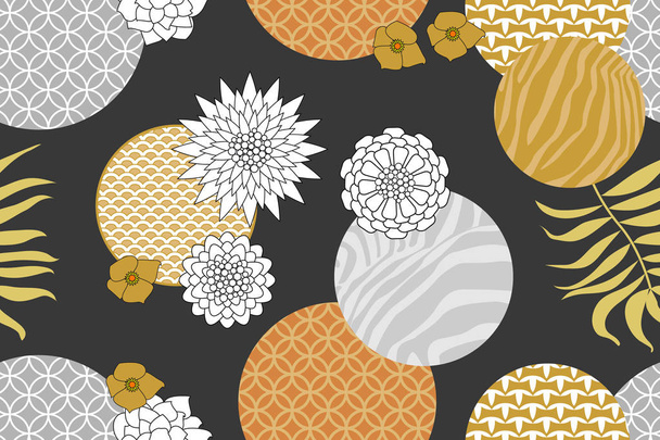 Golden and silver floral pattern with Japanese motifs. Minimalism style.  - Vector, Image