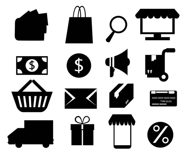 Набор черной иконки для интернет-покупок. Векторная иллюстрация изолирована на белом фоне. Веб-сайт и дизайн мобильных приложений
 - Вектор,изображение