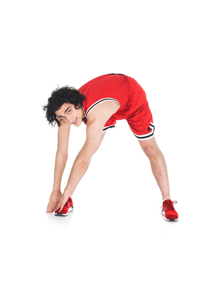 Young skinny sportsman doing exercise isolated on white - Φωτογραφία, εικόνα
