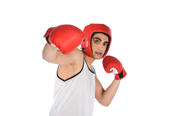 Jonge mager bokser gewonnen met de hand geïsoleerd op wit - Foto, afbeelding