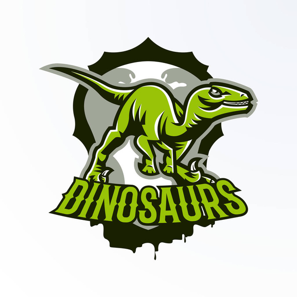 Emblem, badge, sticker, dinosaur logo on the hunt. Predator Jurassic, a dangerous beast, an extinct animal, a mascot. Lettering, shield, print. Vector illustration - Вектор,изображение