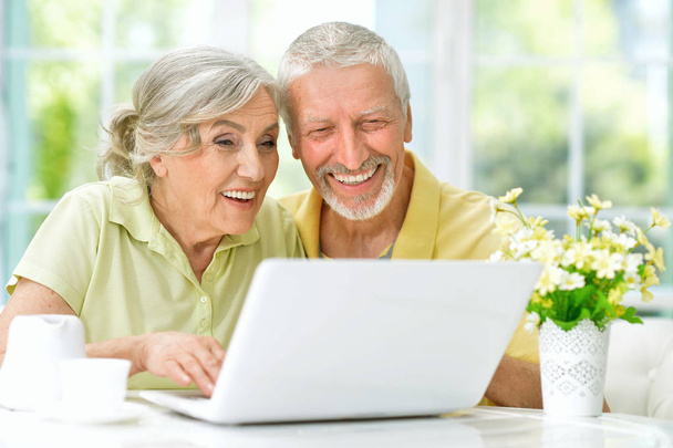 щаслива старша пара використовує ноутбук вдома
 - Фото, зображення