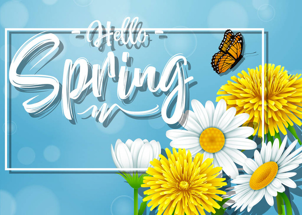 Olá Primavera fundo com flor e borboleta no fundo céu azul
 - Vetor, Imagem
