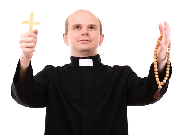 Young pastor with wooden cross and rosary, isolated on white - Photo, image