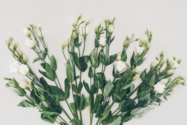 bouquet of beautiful blooming white flowers with green leaves on grey - Foto, Imagem