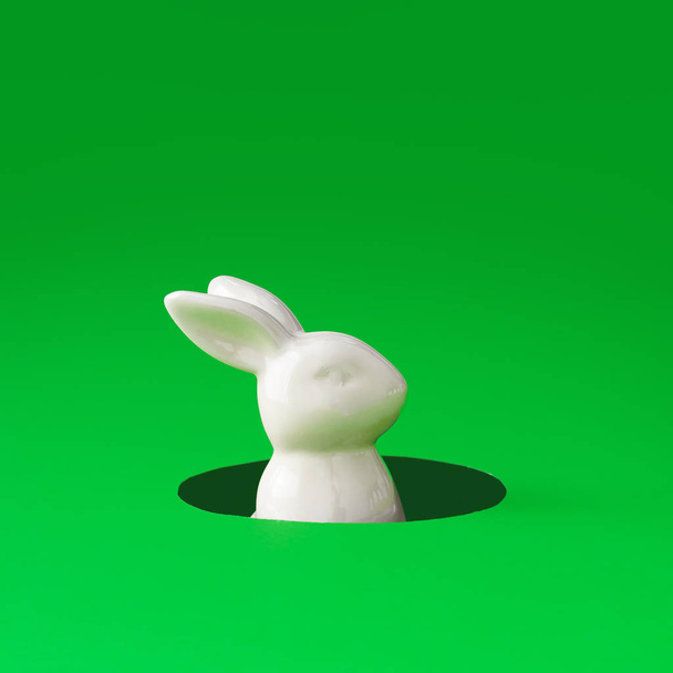 white Easter bunny peeking out from hole, creative minimal concept   - Фото, изображение