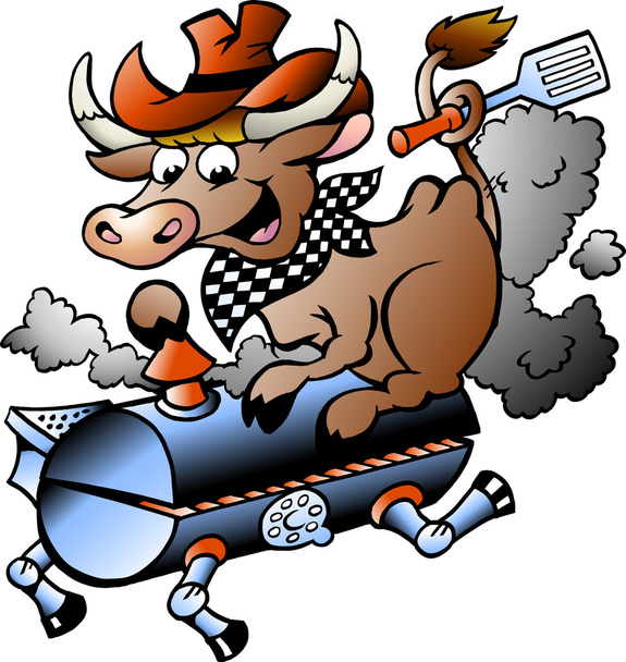 Ilustración vectorial dibujada a mano de una vaca montada en un barril de barbacoa
 - Vector, Imagen