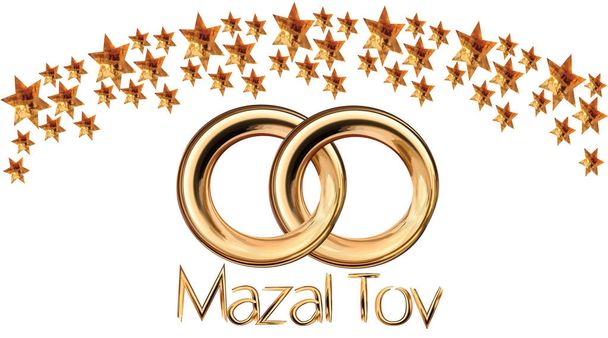 Carte pour la cérémonie de mariage du judaïsme orthodoxe avec des anneaux d'or, félicitations Mazel Tov, Chuppah de Magen Davids d'or
  - Vecteur, image
