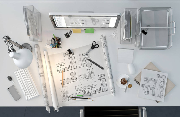 Építész működő iskolapad-ház rajzok, számítógép felülnézet. 3D-s illusztráció - Fotó, kép