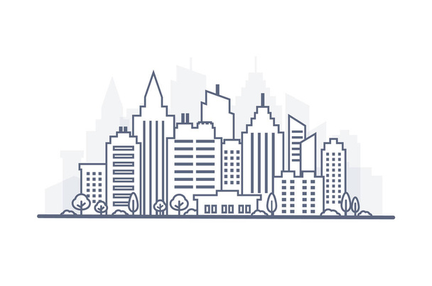 Thin line City landscape. Downtown landscape with high skyscrapers. Panorama architecture City landscape template. Goverment buildings Isolated outline illustration. Urban life - Vector, Image