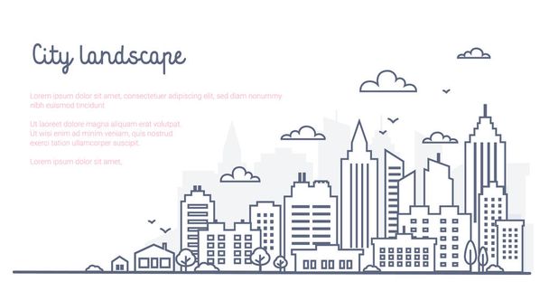 City landscape template. Thin line City landscape. Downtown landscape with high skyscrapers. Panorama architecture Goverment buildings Isolated outline illustration. Urban life - Vetor, Imagem