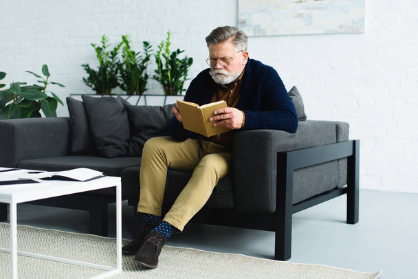 serious bearded senior man sitting on sofa and reading book at home - Φωτογραφία, εικόνα