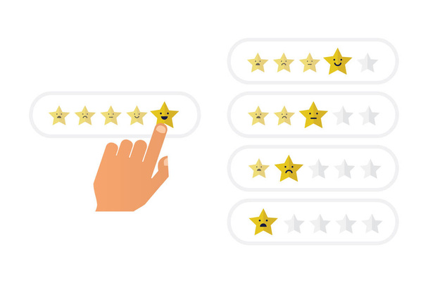 Hand met wijzende vinger wijzend naar rating sterren. Platte vector illustratie ontwerp - Vector, afbeelding