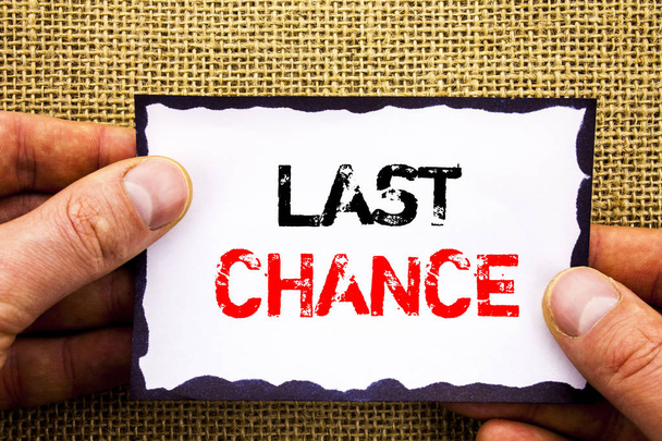 Writing text showing  Last Chance. Concept meaning Announcement Alert Time or Deadline Ending written on Sticky Note Paper Holding Hand with Finger. - Photo, Image