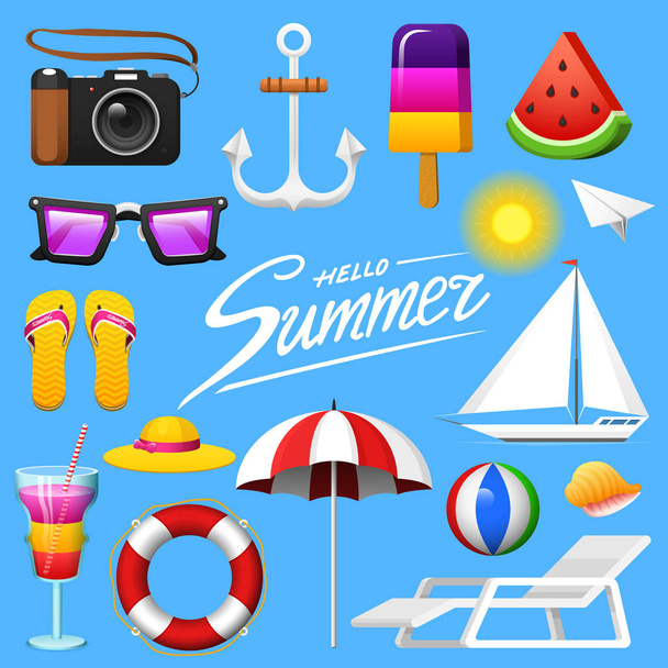 Nyári szett - kamera és a horgony, fagylalt- és görögdinnye, napszemüveg és turmix, élet gyűrűt és nyugágy, yacht vitorla és esernyő, kalligráfia, web, matrica készlet. Tengerparti nyaralás és a szabadidő. - Vektor, kép