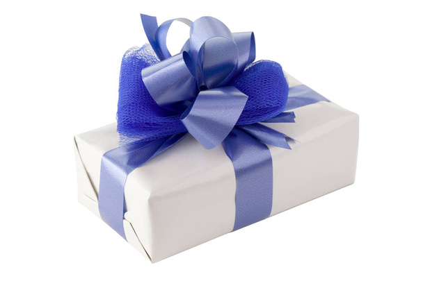white gift box with a blue gift bow with clipping pat - Photo, Image