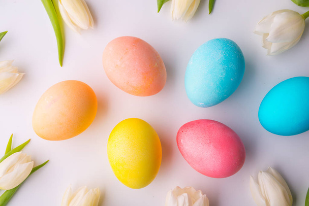 Flowers and colorful eggs on a white background. - Fotoğraf, Görsel